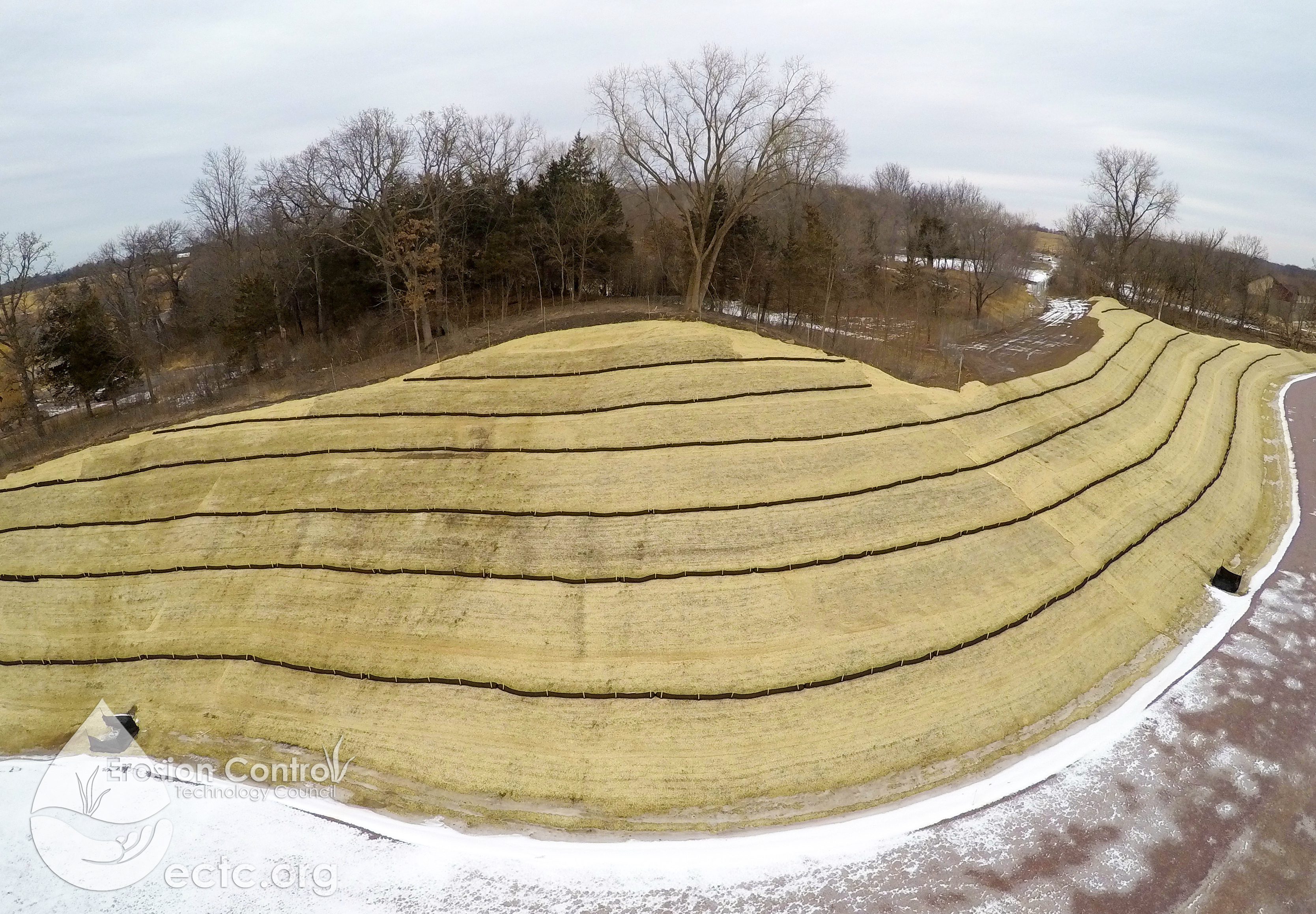 Rolled Erosion Control Blanket (RECP) and Sediment Retention Fiber Rolls (Wattles) are both used in this Installation